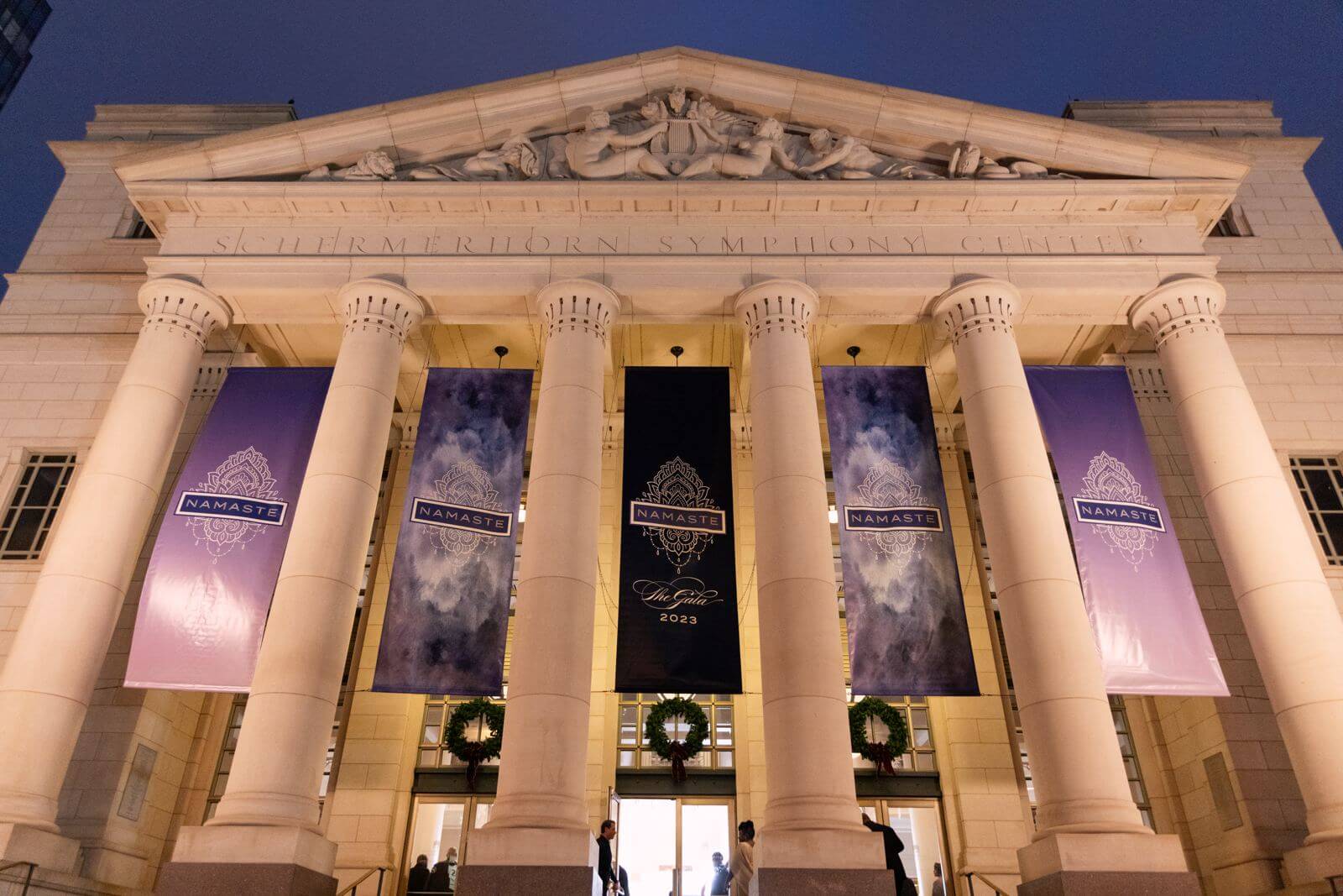 The Schermerhorn Symphony Center dressed in Namaste Gala banners at dusk
